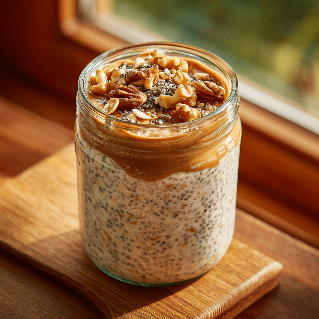 oats with healthy fats breakfast jar with nuts and seeds