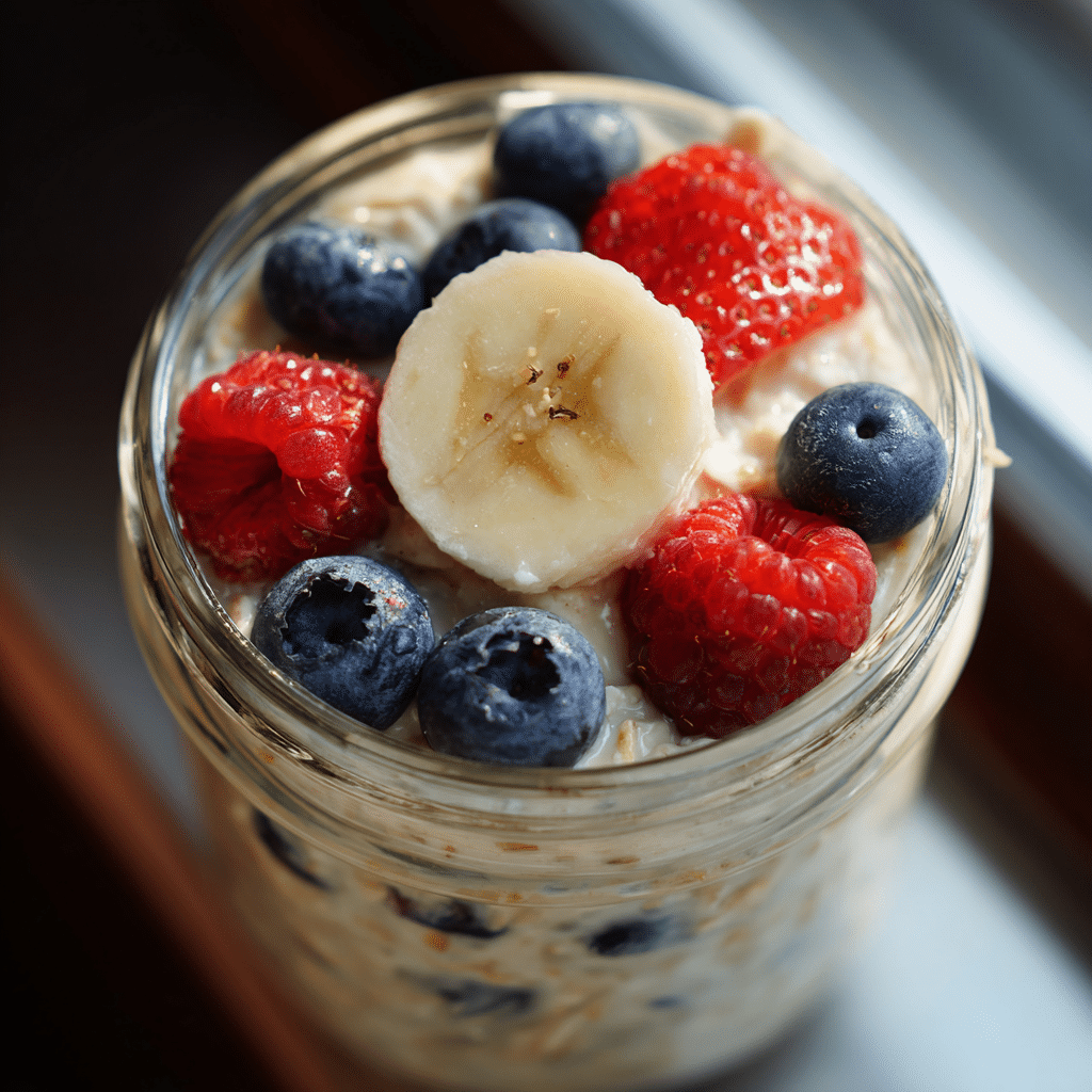 school-safe overnight oats in a jar with berries and banana