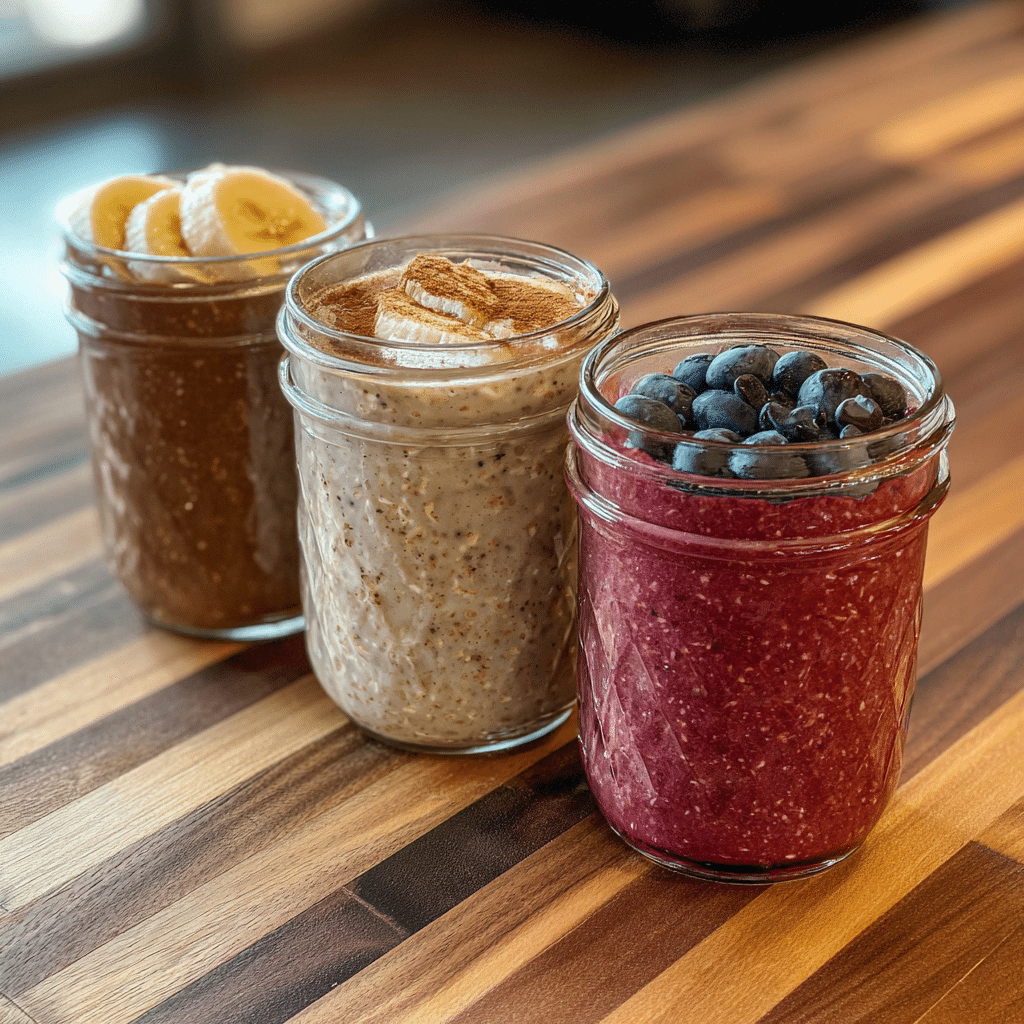 three jars of school-safe overnight oats in different flavors