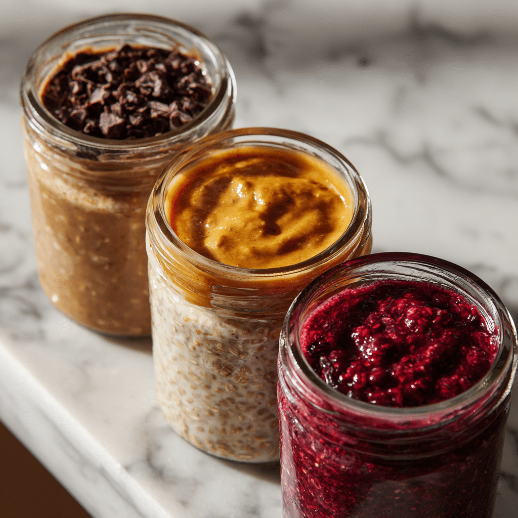 Chocolate tahini oats, pumpkin seed oats, and berry sunflower butter oats.