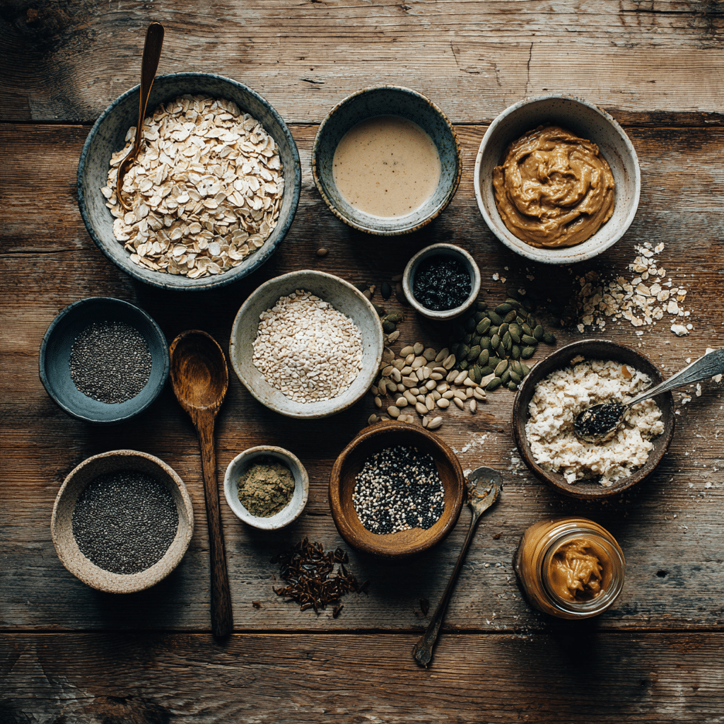 Ingredients for seed butter overnight oats including tahini and pumpkin seed butter.