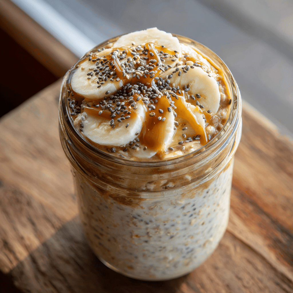 Seed butter overnight oats topped with banana and sunflower butter.
