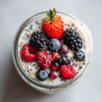 Vegan overnight oats made with oat milk, chia seeds, and fresh berries