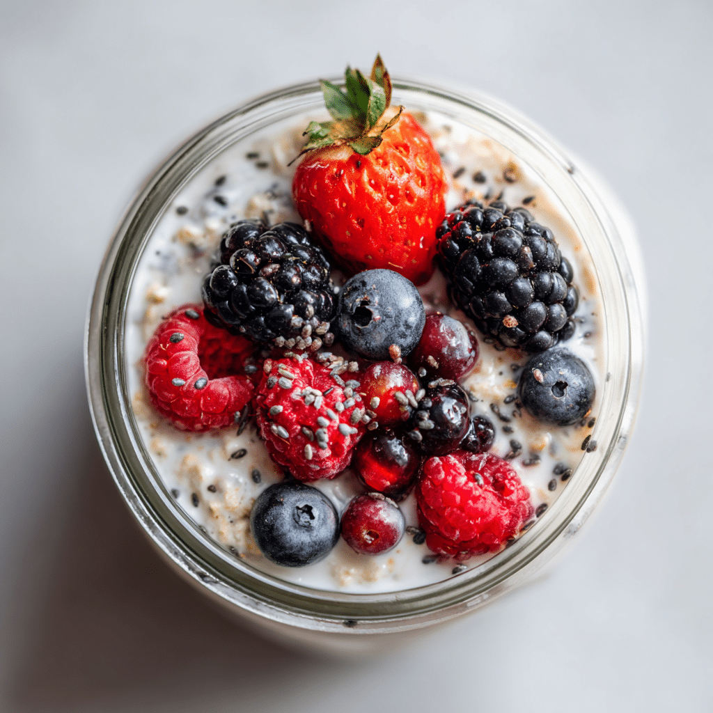 Vegan overnight oats made with oat milk, chia seeds, and fresh berries