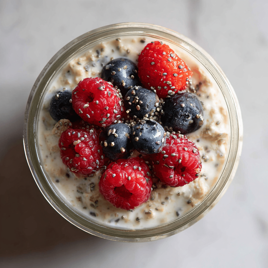 Vegan overnight oats made with oat milk, chia seeds, and fresh berries
