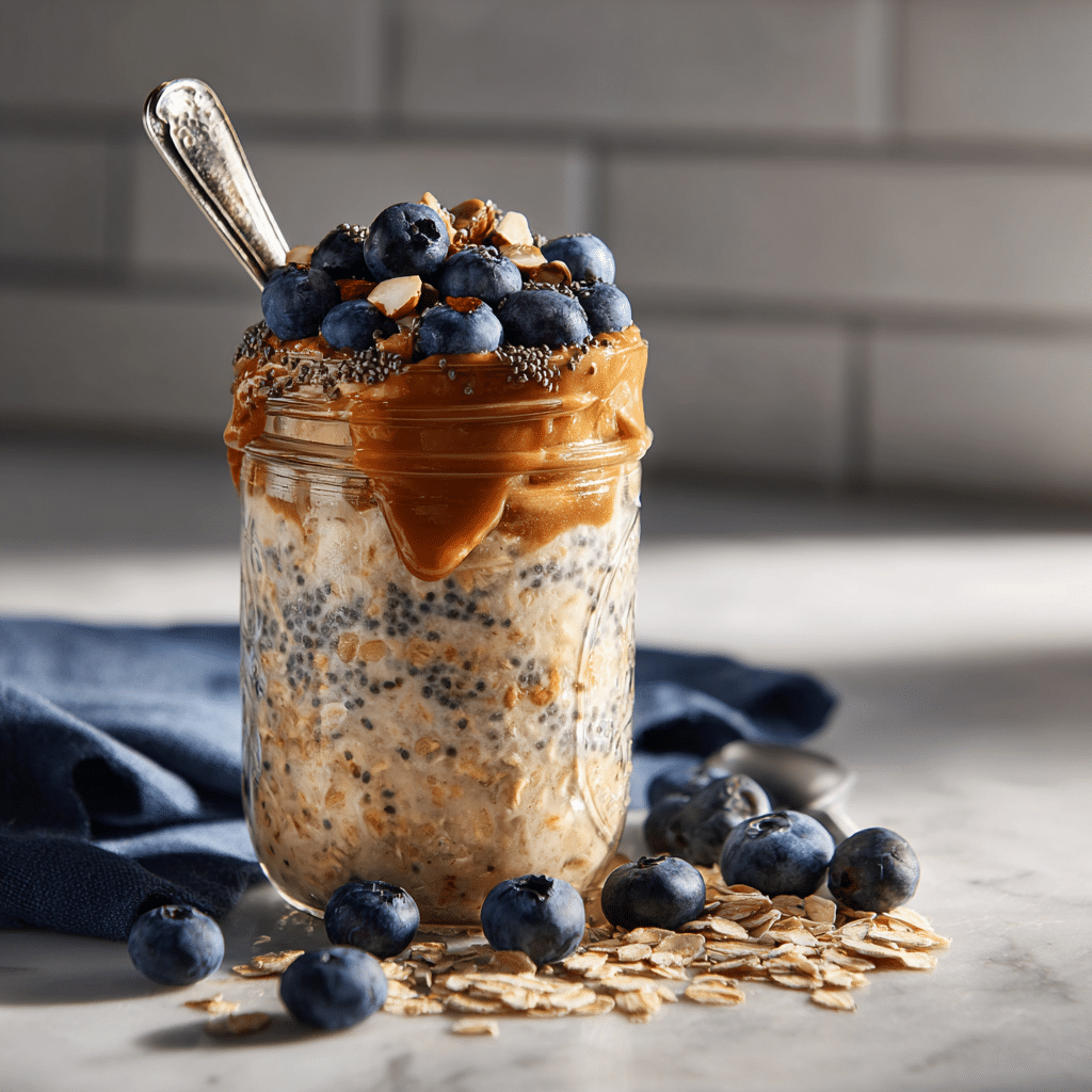 zone diet oats breakfast jar with blueberries and almond butter