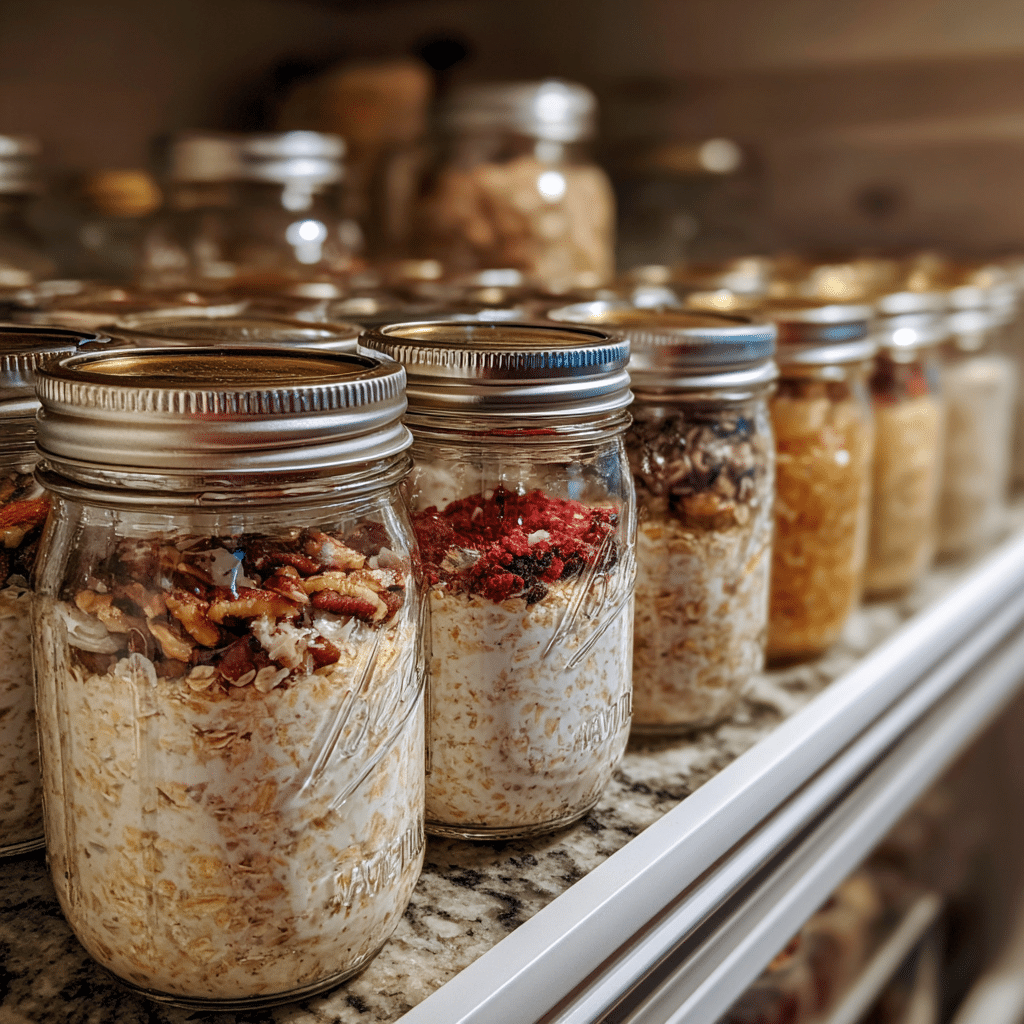 meal prep jars of zone diet oats in fridge