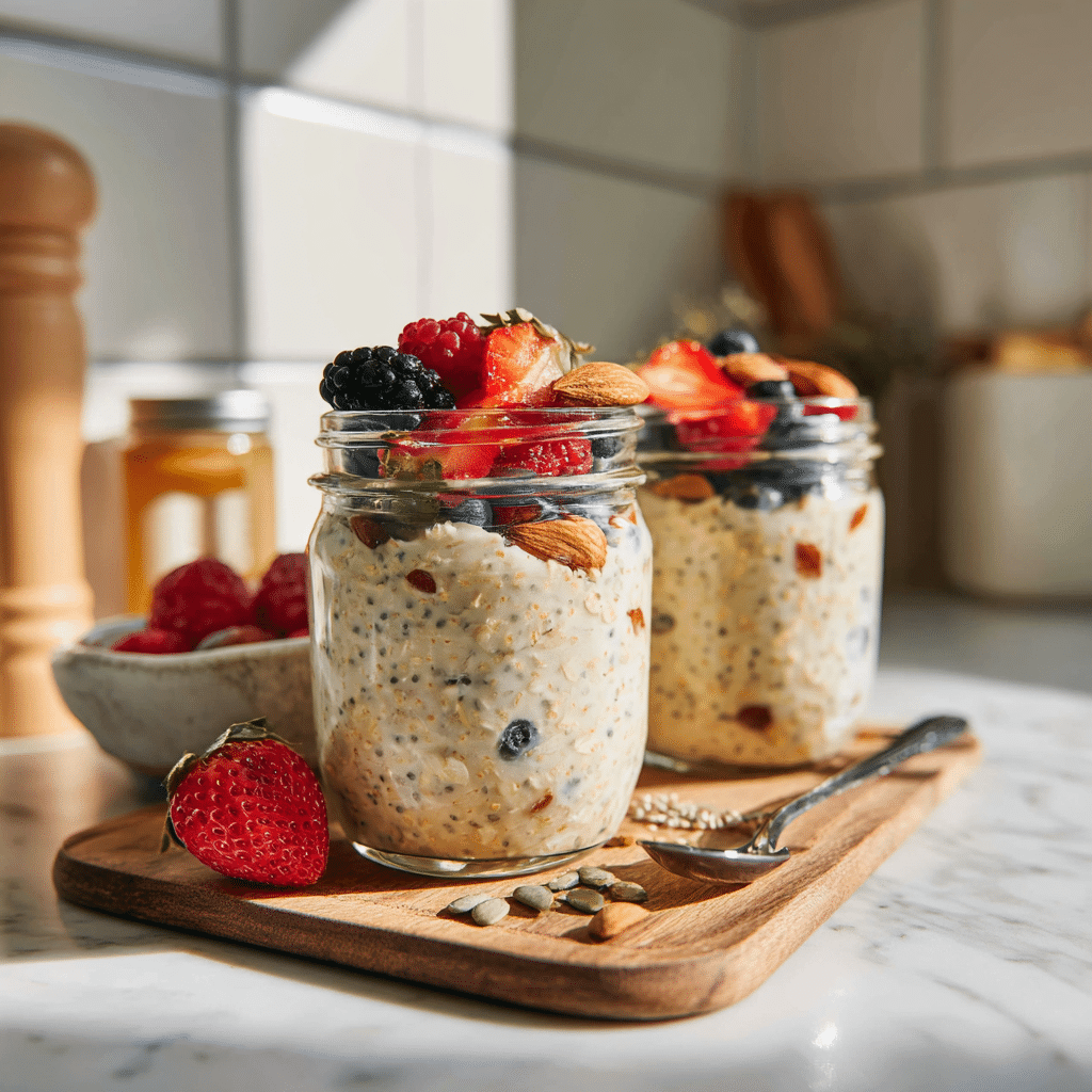 allergen free meal prep oats jars with fruit and seeds