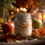 Fall overnight oats with apples and cinnamon in a mason jar.