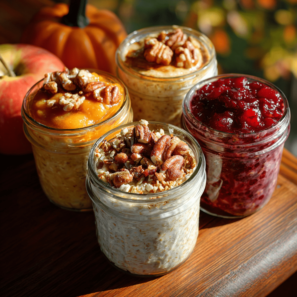 Four jars of fall overnight oats in different autumn flavors.