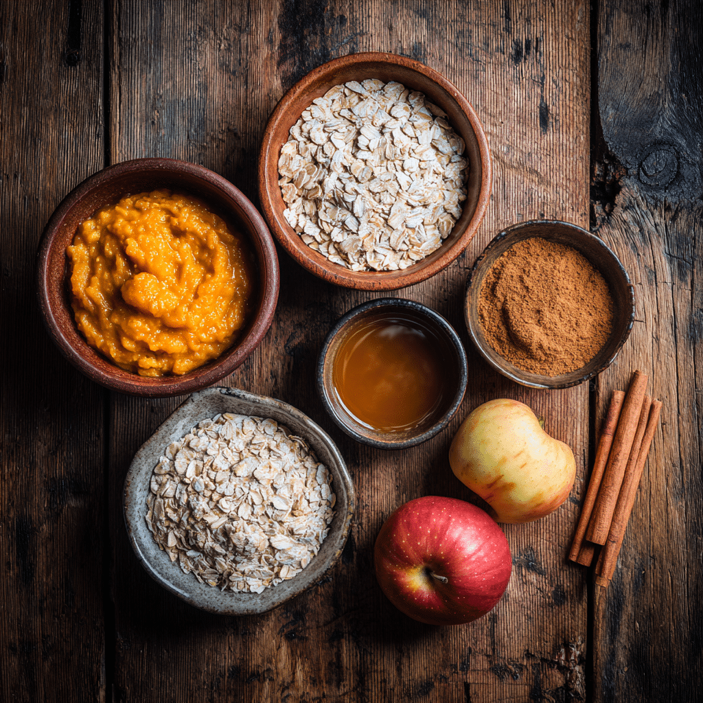 Ingredients for fall overnight oats on a wooden table.