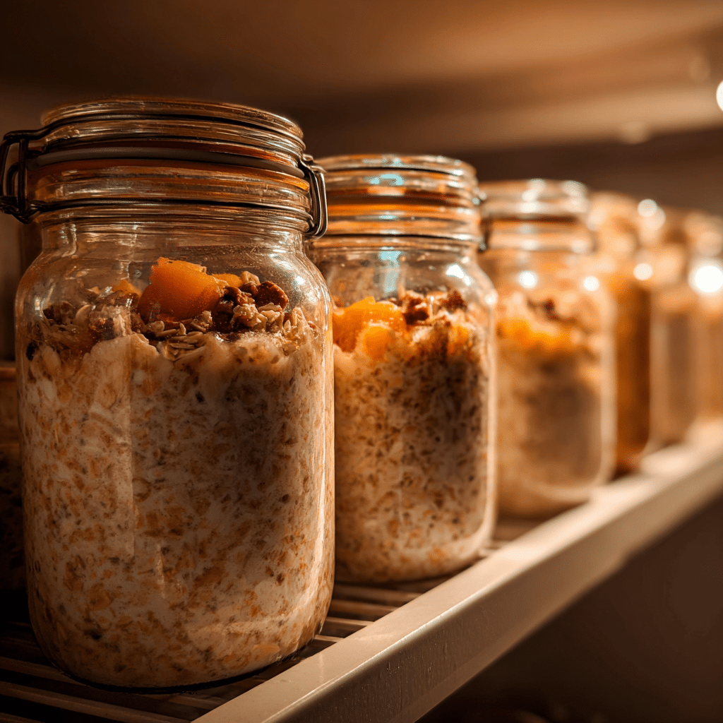 Meal prep jars of fall overnight oats stored in the fridge.