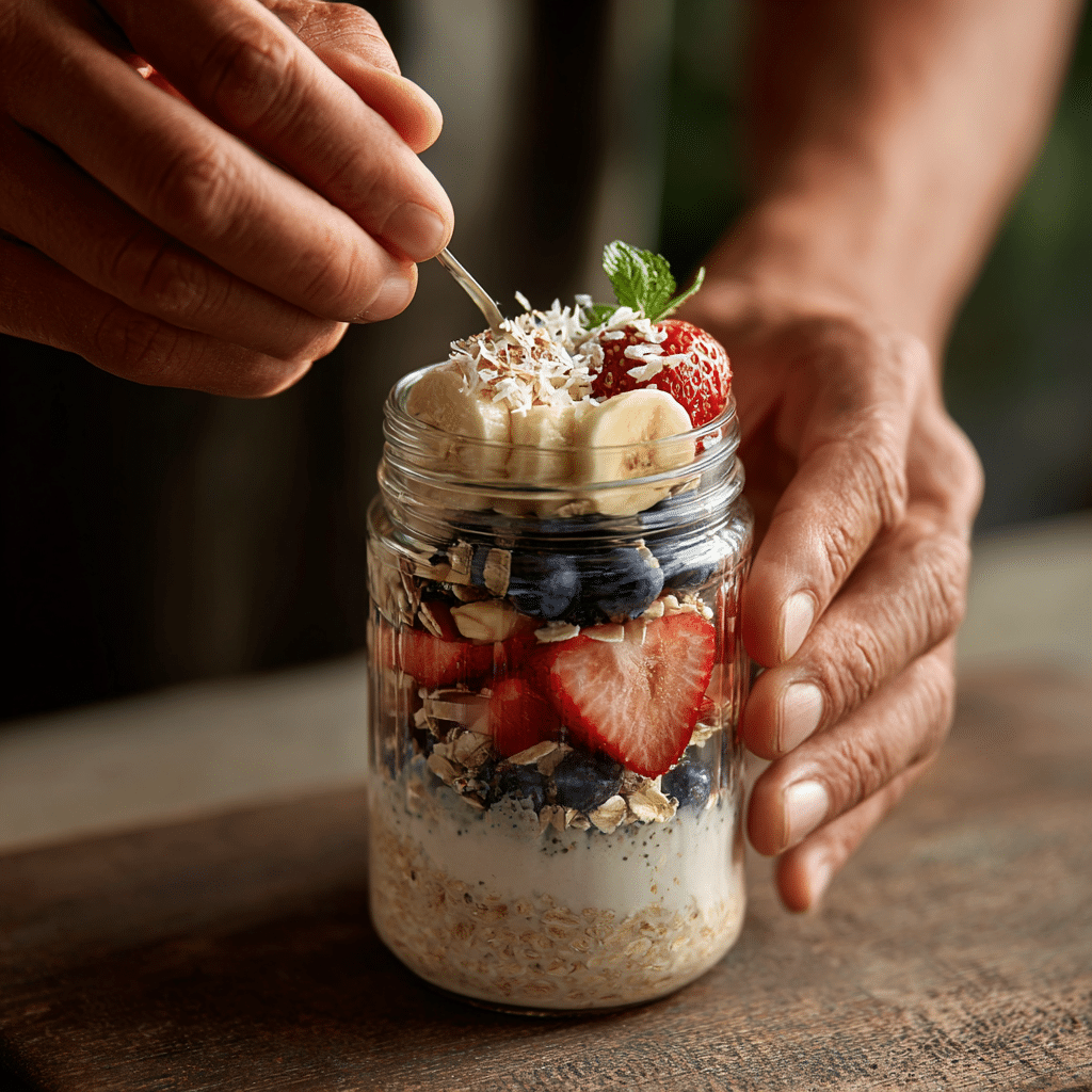 layering allergen free meal prep oats in dairy free jars