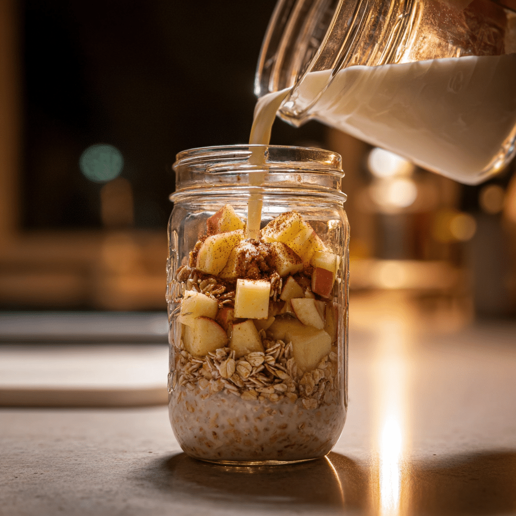 mixing apple cinnamon roll overnight oats ingredients