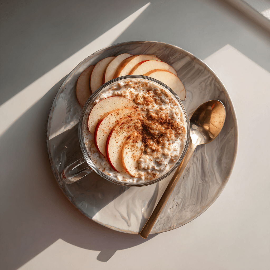 apple cinnamon roll overnight oats served with apple slices